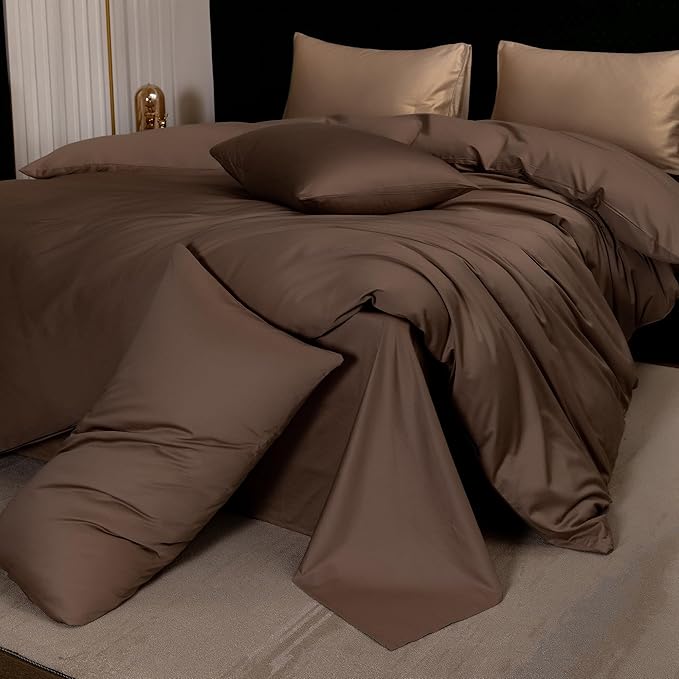 MooMee Duvet Cover Set 100% Extra Long Staple Cotton 600 Thread Count Silky Sateen Smooth Luxury Soft Breathable Durable Hotel Quality Bedding, 3 Pieces (Chocolate Brown,California King 104"x98")