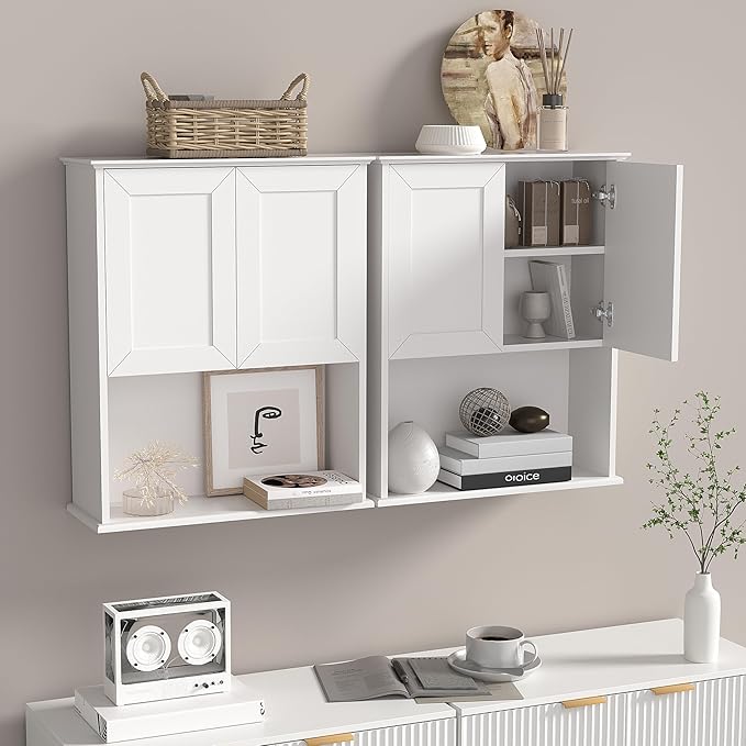 Bathroom Wall Cabinet Wooden with 2 Doors,Over the Toilet Storage Cabinet,Bathroom and Laundry Wall Mount Storage Medicine Cabinet with Open and Adjustable Shelf,Easy Assembly (Style A-2 PC, White)