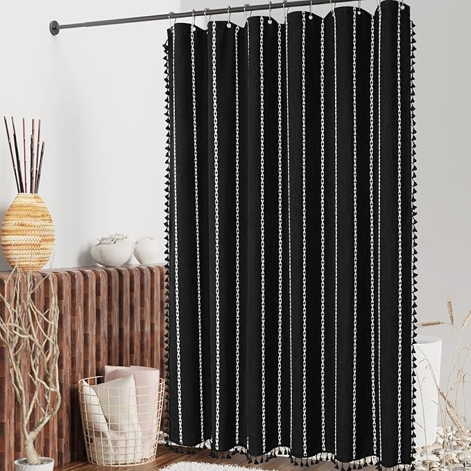 MitoVilla Black Small Stall Shower Curtain 36 x 72, Half Size Narrow Polyester Linen Heavy Fabric Shower Curtains for Boho Farmhouse Bathroom Decor, Wrinkle Resistant Cloth Shower Curtain