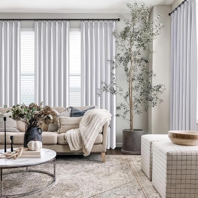 Topfinel 120 Inches Long Extra Long White Linen Curtains for Living Room,100 Percent Blackout Floor to Ceiling Pinched Pleated Boho Insulating Drapes 2 Panels for Track System,10 FT Bay Window