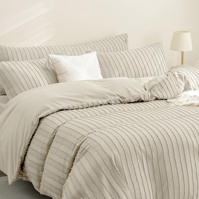 JELLYMONI Duvet Cover Oversized King Size Light Khaki - 3PCS Boho Striped Duvet Cover Set Polyester Tufted Bohemian Textured Comforter Cover 120×98in with Corner Ties & Zipper and 2 Pillowcases