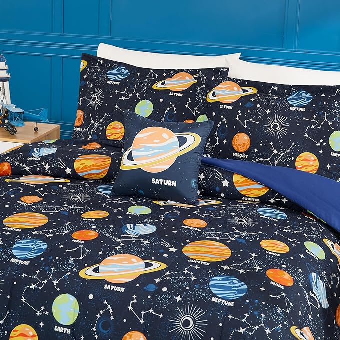 Full Size Comforter Set for Boys-4 Pieces Space Glow in The Dark Full Bedding Sets for Kids, 1 Comforter, 2 Shams and 1 Decor Pillow
