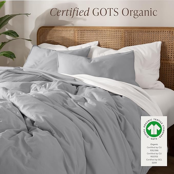 Bare Home 100% Organic Cotton Jersey Duvet Cover Set - Twin/Twin XL Size - Ultra Soft - 100% Cotton - 2pcs - Corner Ties - Button Closure - Bed Duvet Cover & Pillow Shams (Light Grey)