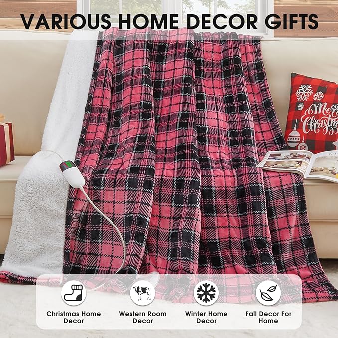 OCTROT Heated Blanket Electric, Twin Size 62X84, Heating Blanket with 10 Heating Levels & 8 Hours Auto Off, Pink Plaid Checkered Plaid Sherpa Blankets Warmer for Adults, Fast Heating Washable