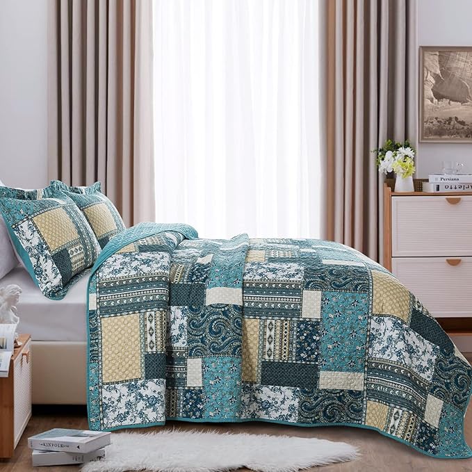 BEDIFANY Cotton Queen Size Quilt Sets, Lightweight Bedspread Queen Size Coverlet Boho Queen Quilt, Soft Farmhouse Queen Quilt Bedding Sets for Bed Decorations for All Seasons (3 Pieces, Blue)