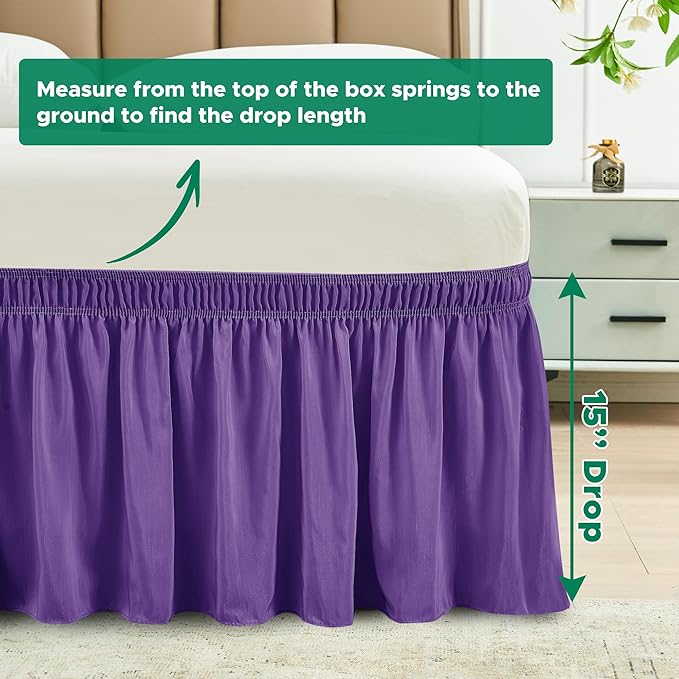 Biscaynebay Wrap Around Bed Skirts for Twin & Twin XL Beds 15" Drop, Purple Adjustable Elastic Dust Ruffles Easy Fit Wrinkle & Fade Resistant Silky Luxurious Fabric Machine Washable