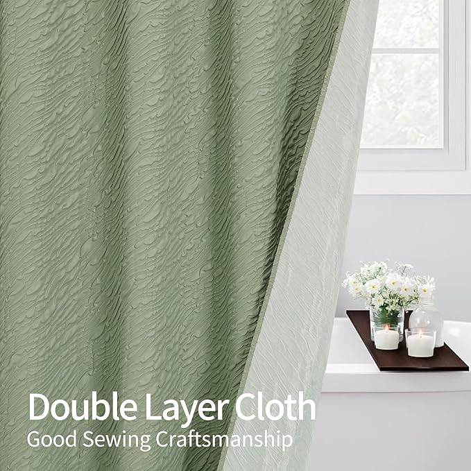 MitoVilla Sage Green Shower Curtain, Farmhouse Waves Fabric Shower Curtains for Modern Hotel Bathroom Decor, 3D Geometric Embossed Textured, Waterproof & Wrinkle Resistant, 72 x 72