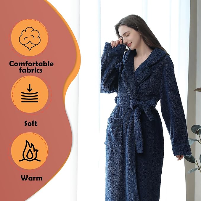 Oksun Womens Long Fleece Robe: Soft Fluffy Warm Bathrobe - Cozy Winter Housecoat Nigthgown with Chic Piping