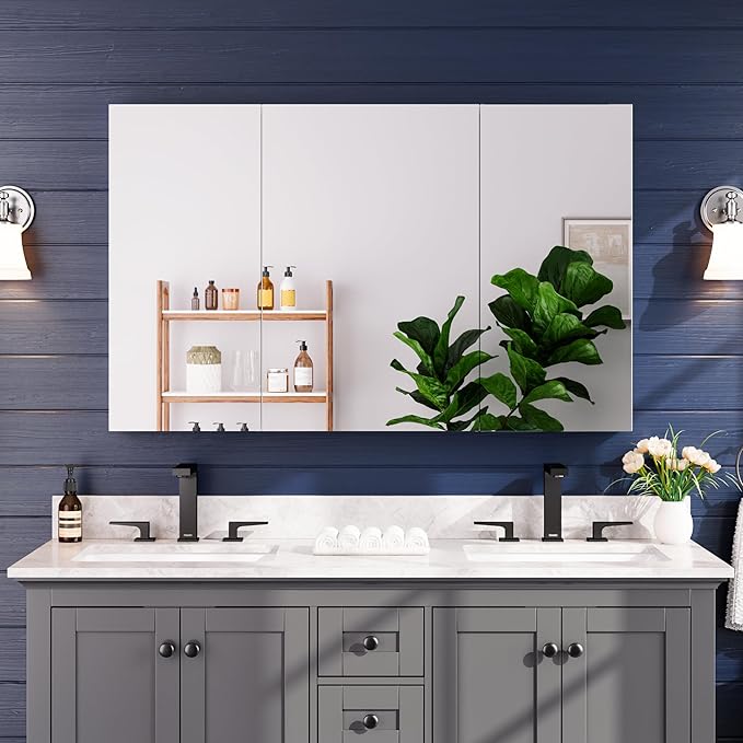 Medicine Cabinet 48" x 30", Bathroom Medicine Cabinet with Mirror, Recessed Medicine Cabinets with Adjustable Shelves, Soft-Closing Door, and Aluminum Alloy Frame - Reverse Installation, Silver