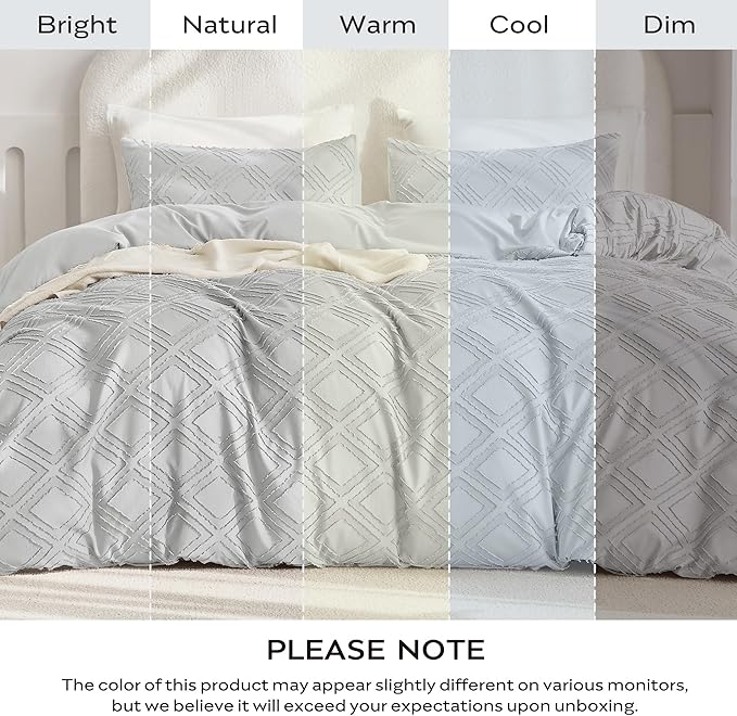 JELLYMONI Duvet Cover King Size Light Grey - 3PCS Boho Duvet Cover Set Plaid Polyester Tufted Bohemian Jacquard Knit Textured Comforter Cover 104×90in Rhombic Geometric Pattern Zipper Corner Tie