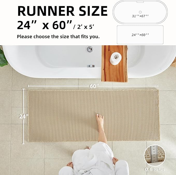 Pale Beige Long Bathroom Rug, Waffle Runner Rug Bathroom Non Slip Washable Super Absorbent Quick Dry Boho Farmhouse Bath Mat, 60''x24'' Pale Beige