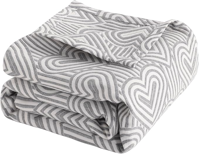 NTBAY 3 Layers Cotton Muslin 68x92 Twin Bed Blanket, Super Soft Breathable Thermal Yarn Dyed Quilt for Adults, Perfect Lightweight Blanket for Couch Sofa Bed All Seasons, Grey Heart
