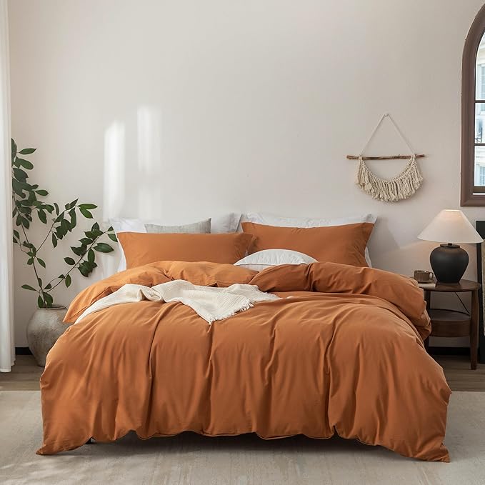 Linen Feel Duvet Cover King Size 104inch x 90inch,100% Washed Cotton Duvet Cover with Zipper Closure and 2 Pillowcases, Color of Burnt Orange