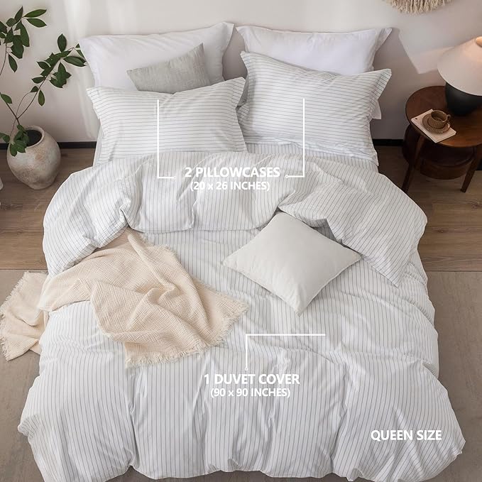 Stripe Linen Feel Duvet Cover Queen Size 90inch x 90inch,100% Washed Cotton Duvet Cover with Zipper Closure and 2 Pillowcases, Stripe of White-Cornflower Blue