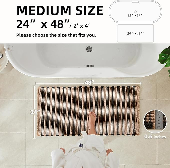 Waffle Bath Mat, Boho Bathroom Rugs Non Slip Washable Super Absorbent Quick Dry Bath Mat Farmhouse Bathroom Decor, 48"x24" Black and Khaki