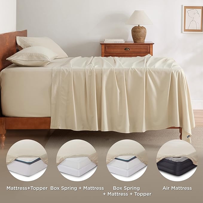 Bedsure Twin XL Sheets Dorm Bedding, GentleSoft Breathable Extra Long Twin Sheets & Pillowcases, Moisture Wicking Cooling, Deep Pocket Fits Mattress Up to 21 Inches Thick, Beige