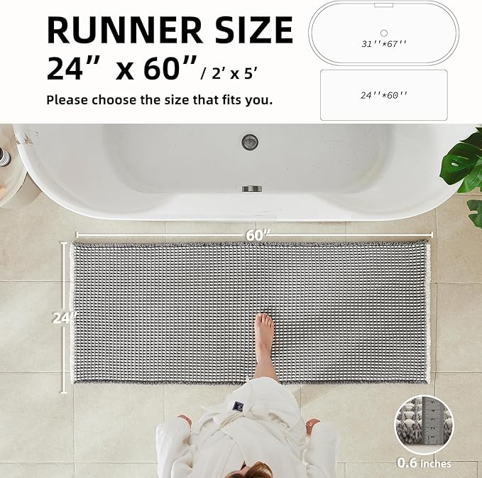 Waffle Runner Rug Bathroom, Long Boho Bathroom Rugs Non Slip Washable Super Absorbent Quick Dry Farmhouse Bath Decor, 60"x24" Grey and White