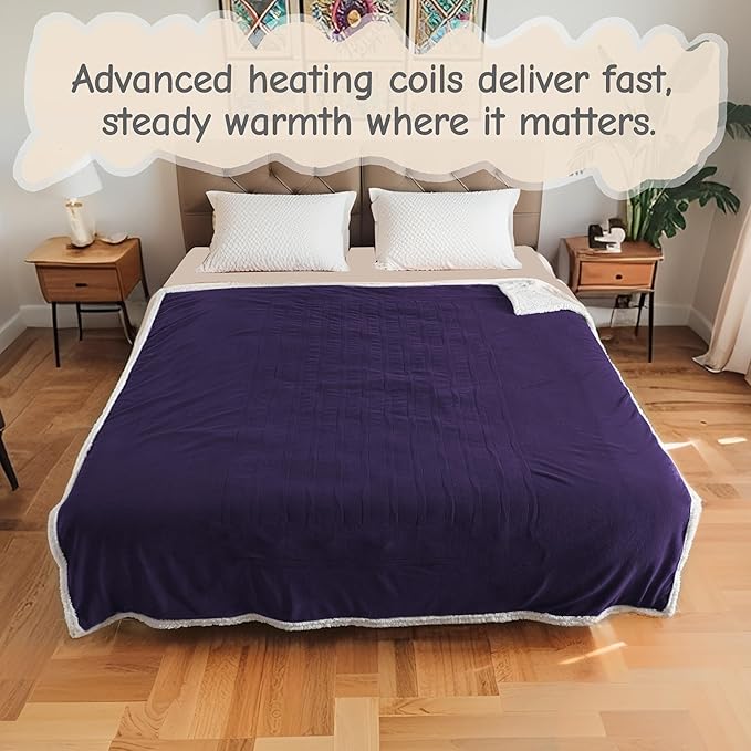 Electric Heated Blanket Queen Size 84"x90", Soft Flannel with Dual Controllers & Overheat Protection, 6 Adjustable Heat Settings & 10-Hour Auto-Off Timer, Fast Heating for Winter Comfort, Dark Purple