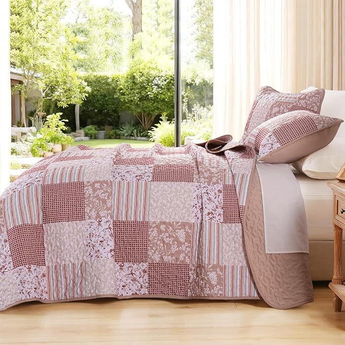 Mybedsoul Patchwork Quilt Set Queen Size, 3 Pieces Pink Floral Plaid Bedspread Coverlet Set, Reversible Soft Microfiber Bedding Set for All Season, Fall Winter Queen 90"x96"