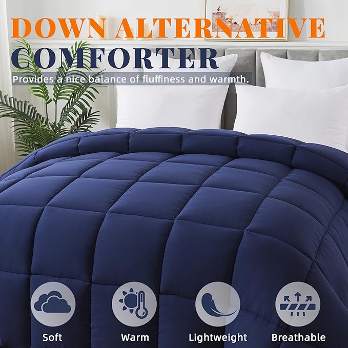 Cosybay Down Alternative Comforter (Navy Blue, Queen) - All Season Soft Quilted Queen Size Bed Comforter - Duvet Insert with Corner Tabs - Winter Summer Warm Fluffy, 88x92inches