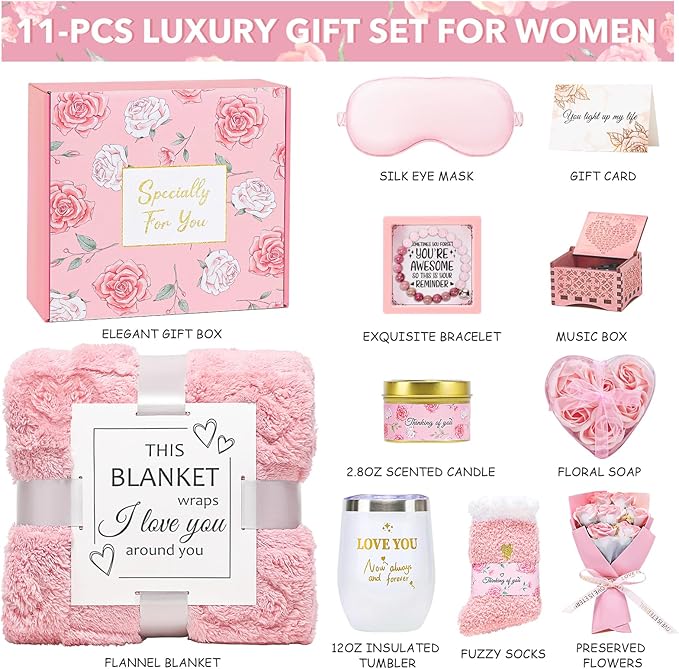 Gift Baskets for Women, Self Care Gifts Spa Basket Set for Women Get Well Soon Gifts with Flannel Blanket Care Package, Thinking of You Christmas Birthday Gifts for Mom Girlfriend Sister Wife