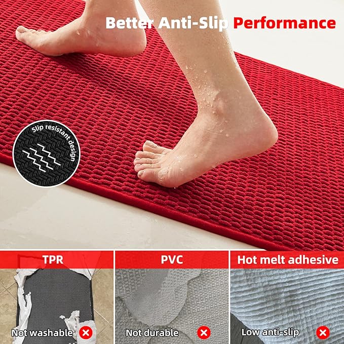 Christmas Bathroom Rugs Non Slip Washable, Super Absorbent Thin Bath Mat Small Quick Dry Low Pile Bathroom Rug, Red 16"x24"