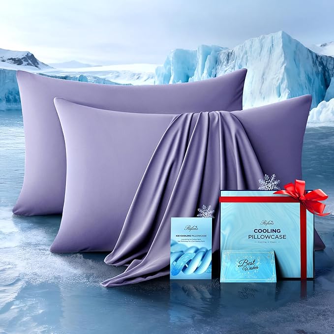 Ultra-Chill Cooling Pillowcase Set of 2 for Hot Sleepers, Softer Than Silk Pillow Cases for Protecting Hair & Skin, Breathable Bed Pillow Covers w/Zipper, Gifts for Women & Men(Purple, Standard)