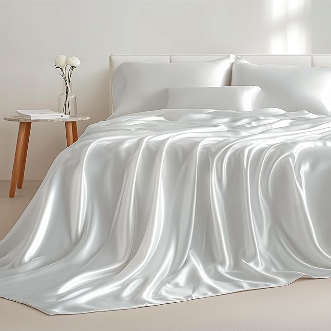Bedsure White Satin Sheets King Size - 4 Piece Silky Bedsheets with 15 Inches Deep Pocket Fitted Bedsheet,1 Flat Sheet, 2 Satin Pillowcases, Good for Hair & Skin (King, White)