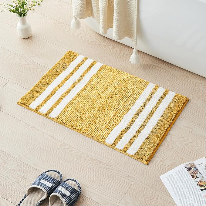 CozeCube Bath mats for Bathroom Non Slip, Fluffy Absorbent Microfiber Bath mat Washable, Aesthetic Bathroom Rugs, Large Harvest Gold Striped Bath mat, Harvest Gold, 36" x 24"