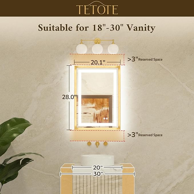 TETOTE 20 x 28 Bathroom LED Mirror Brushed Black Metal Frame Frontlit & Backlit Vanity Mirror Anti-Fog Stepless Dimmable 3 Colors White/Warm/Natural Wall-Mounted