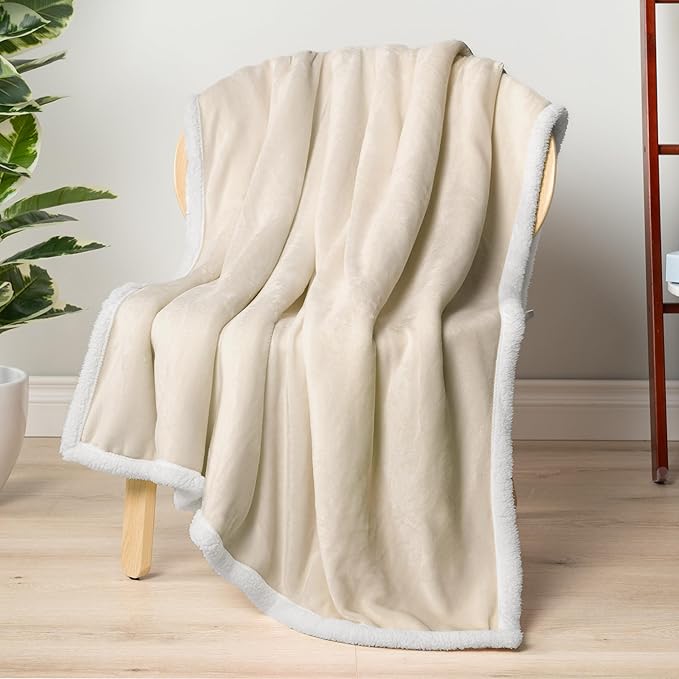 PAVILIA Sherpa Fleece Throw Blanket for Couch, Cream Beige, Plush Soft Fuzzy Sofa Blanket, Cozy Reversible Winter Throw for Women Men, 50x60 Inches