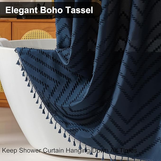 Navy Blue Shower Curtain Fabric Boho Shower Curtain Cloth Textured Tufted Chevron Elegant Shower Curtains Waterproof for Bathroom 72 x 72