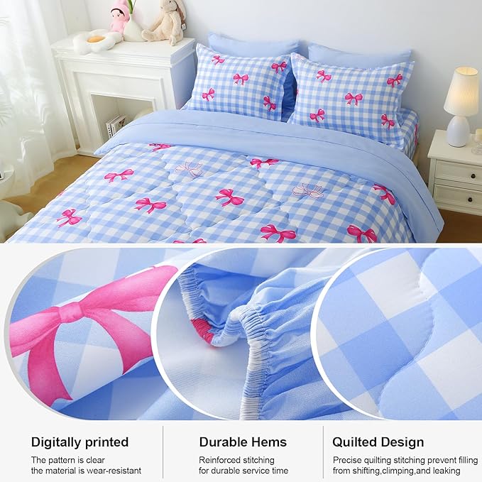 Wajade Bow Comforter Set 7 Piece Blue White Plaid Comforter Sets for Girls Kids Full Size Checkered Bedding Set with Sheet and 2 Pillowcases 2 Pillow Shams Cute Girls Bed in a Bag as Birthday Choice