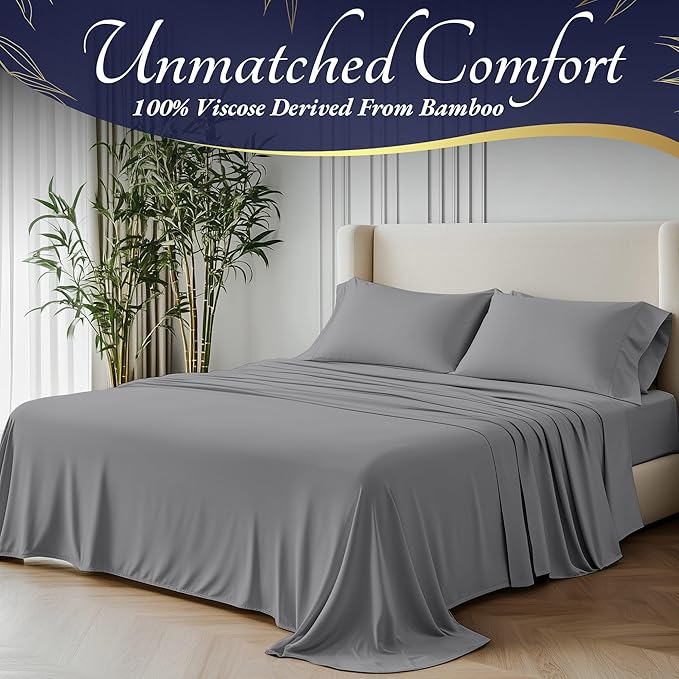 DECOLURE 100% Viscose Derived from Bamboo Sheets Cal King Size 4pcs - Ultra Soft & Luxuriously Cooling, 17" Deep Pocket, Double Stitching, Perfect for Hot Sleepers - King Bed Sheets (Midgrey)
