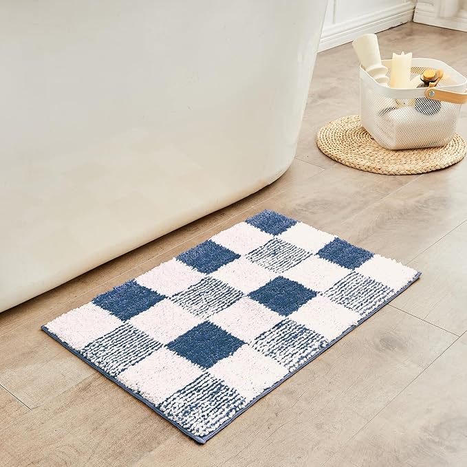 CozeCube Bath mats for Bathroom Non Slip, Fluffy Absorbent Microfiber Bath mat Washable, Aesthetic Bathroom Rugs, Cute Navy Blue Checkered Bath mat, Navy Blue, 32" x 20"