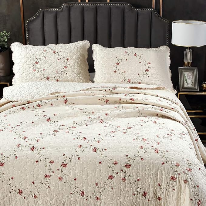 vctops 3-Piece Floral Embroidered Bedspread Coverlet Set King Size 100% Cotton Reversible Patchwork 1 Quilt and 2 Pillow Shams (Flower,King)