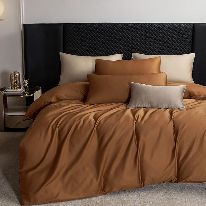 MooMee Duvet Cover Set 100% Extra Long Staple Cotton 600 Thread Count Silky Sateen Smooth Luxury Soft Breathable Durable Hotel Quality Bedding, 3 Pieces (Dark Orange, Queen 90"x90")