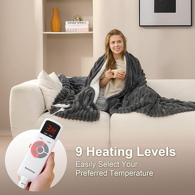 Hansleep Heated Blanket Queen Size Electric Throw Dual Control, Heating Blanket with 9 Heating Levels and 10-Hour Timer Auto Shut Off, Washable Soft Warm Winter Blanket, 80 x 90 Inches, Dark Grey