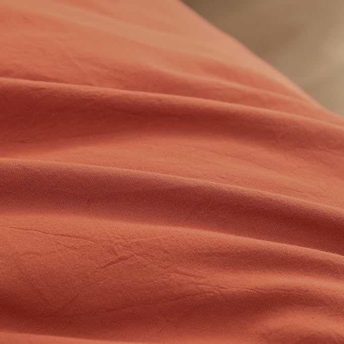 BESTOUCH Duvet Cover Set 100% Washed Cotton Linen Feel Super Soft Comfortable Chic Lightweight 3 PCs Home Bedding Set Solid Burnt Brick Red Queen