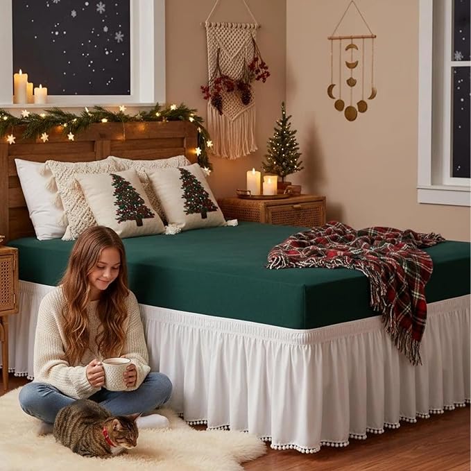 Biscaynebay Wrap Around Bed Skirts with Pompom for King Beds 15" Drop, White Adjustable Elastic Dust Ruffles Easy Fit Wrinkle & Fade Resistant Silky Luxurious Fabric Machine Washable