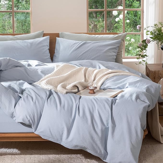 MooMee Bedding Duvet Cover Set 100% Washed Cotton Linen Like Textured Breathable Durable Soft Comfy (Heathered Cornflower Blue, Super Queen 90"x98")