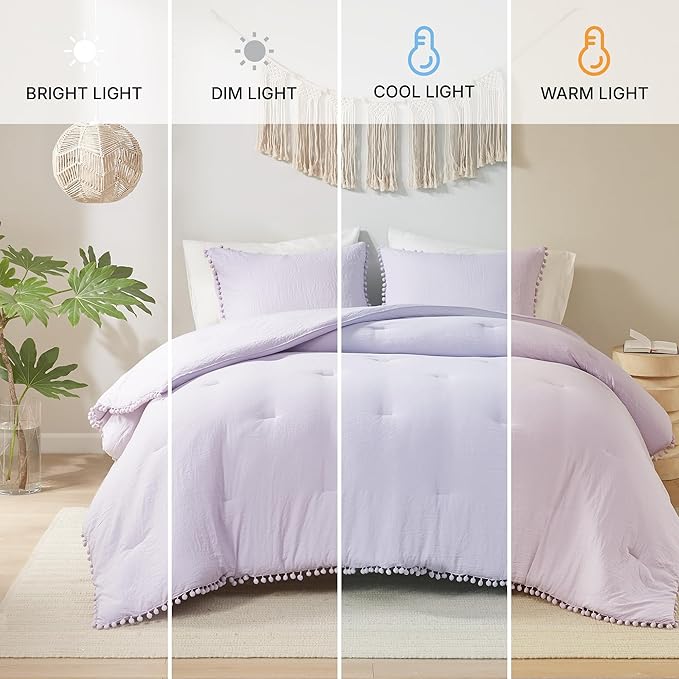 Codi Lavender Purple Full/Queen Comforter Set - Boho Aesthetic Bedding with Luxurious Pom Fringe, Soft Washed Microfiber 3pc Set, Couple-Friendly Lightweight Design, 1 Comforter & 2 Pillow Shams
