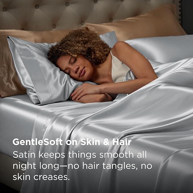 Bedsure Satin Sheets King Size - 4 Piece Silky Bedsheets with 15 Inches Deep Pocket Fitted Bedsheet,1 Flat Sheet, 2 Satin Pillowcases, Good for Hair & Skin (King, Silver Grey)
