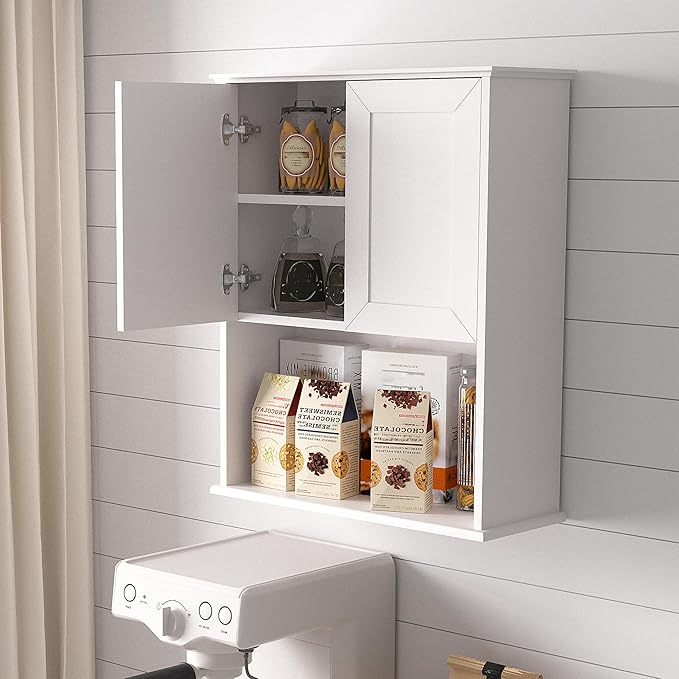 Bathroom Wall Cabinet Wooden with 2 Doors,Over the Toilet Storage Cabinet,Bathroom and Laundry Wall Mount Storage Medicine Cabinet with Open and Adjustable Shelf,Easy Assembly (Style A -1 PC, White)