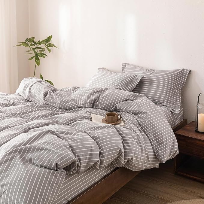 Stripe Duvet Cover Super King Size 108inch x 98inch, 100% Washed Cotton Linen Feel Duvet Cover with Zipper Closure and 2 Pillowcases, Color of Grey-White Stripe