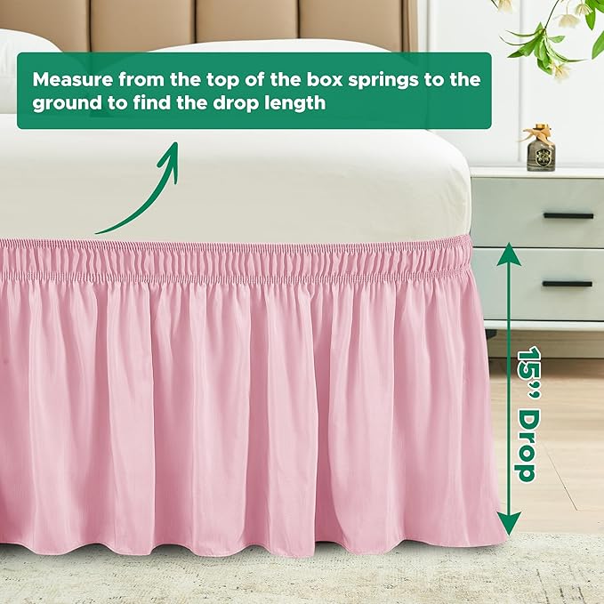 Biscaynebay Wrap Around Bed Skirts for Twin & Twin XL Beds 15" Drop, Pink Adjustable Elastic Dust Ruffles Easy Fit Wrinkle & Fade Resistant Silky Luxurious Fabric Machine Washable