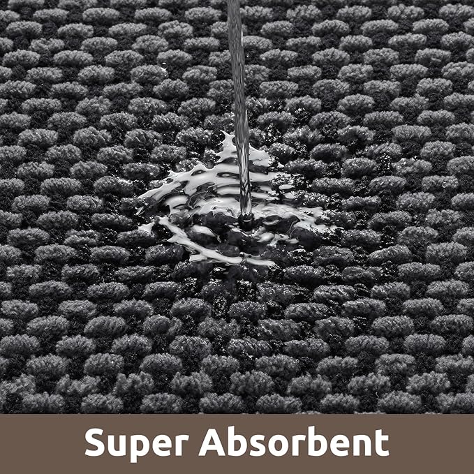 AMOAMI Chenille Bath Mat Super Absorbent Bathroom Mat Quick Dry Bath Mats for Bathroom Rubber Backed Bathroom Rugs Non Slip Washable Fit Under Door, Front of Bathtub, Sink, Darkgrey&Black 20"x32"