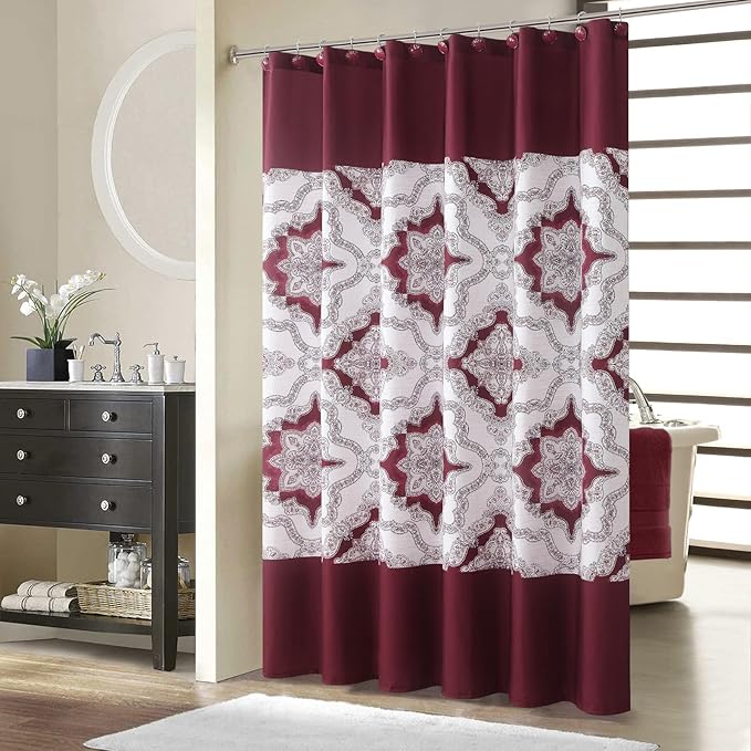 Extra Long Burgundy Shower Curtain 90 Inches, Water Repellent Fabric with Medallion Pattern, 12 Metal Grommets & Weighted Hem
