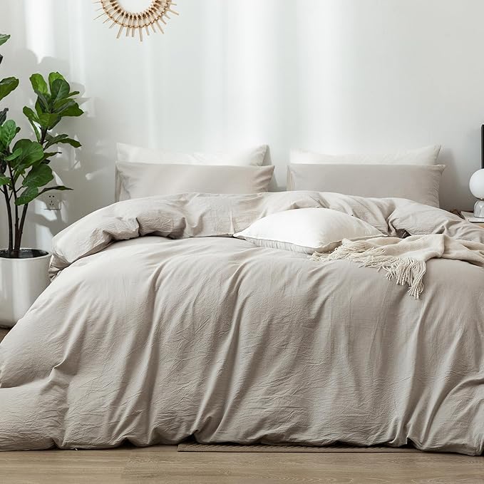MooMee Bedding Duvet Cover Set 100% Washed Cotton Linen Like Textured Breathable Durable Soft Comfy (Heathered Cream Grey, Queen 90"x90")