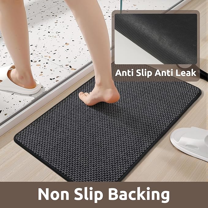 AMOAMI Chenille Bath Mat Super Absorbent Bathroom Mat Quick Dry Low Pile Bath Mats for Bathroom Washable Rubber Backed Bathroom Runners Fit Under Door, Front of Bathtub, Sink, Darkgrey&Black 24"x70"